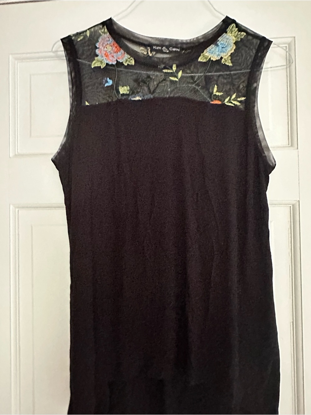 Kim & Cami Black Tank with Embroidered Floral Mesh Yoke